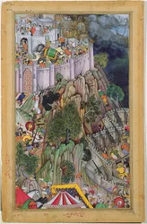 A Rai Surjan Hadas ranthambhori erődöt ostromló Akbars erők 1569-ben a rádzsasztáni Akbarnama, Moghal, 1590-95 körül (átlátszatlan wc és arany papíron)